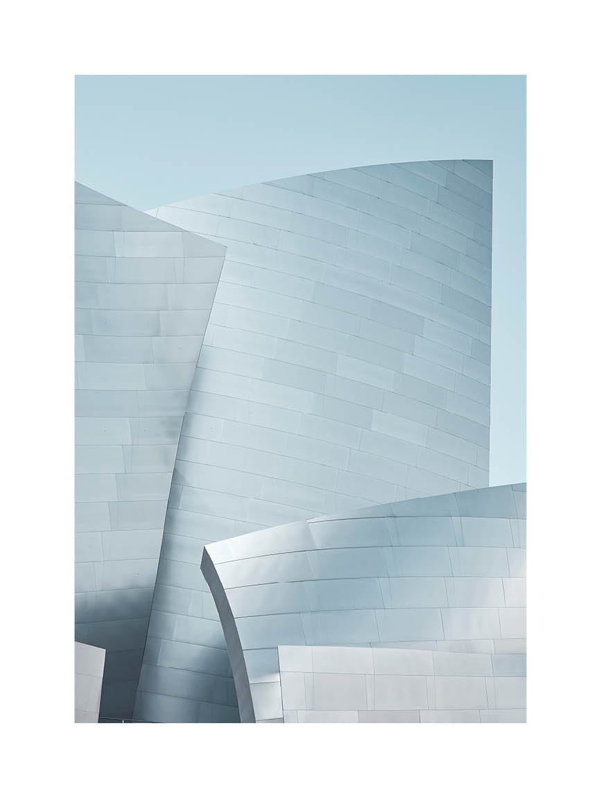Minimalist architectural fine art print featuring smooth metal curves in soft blue tones.