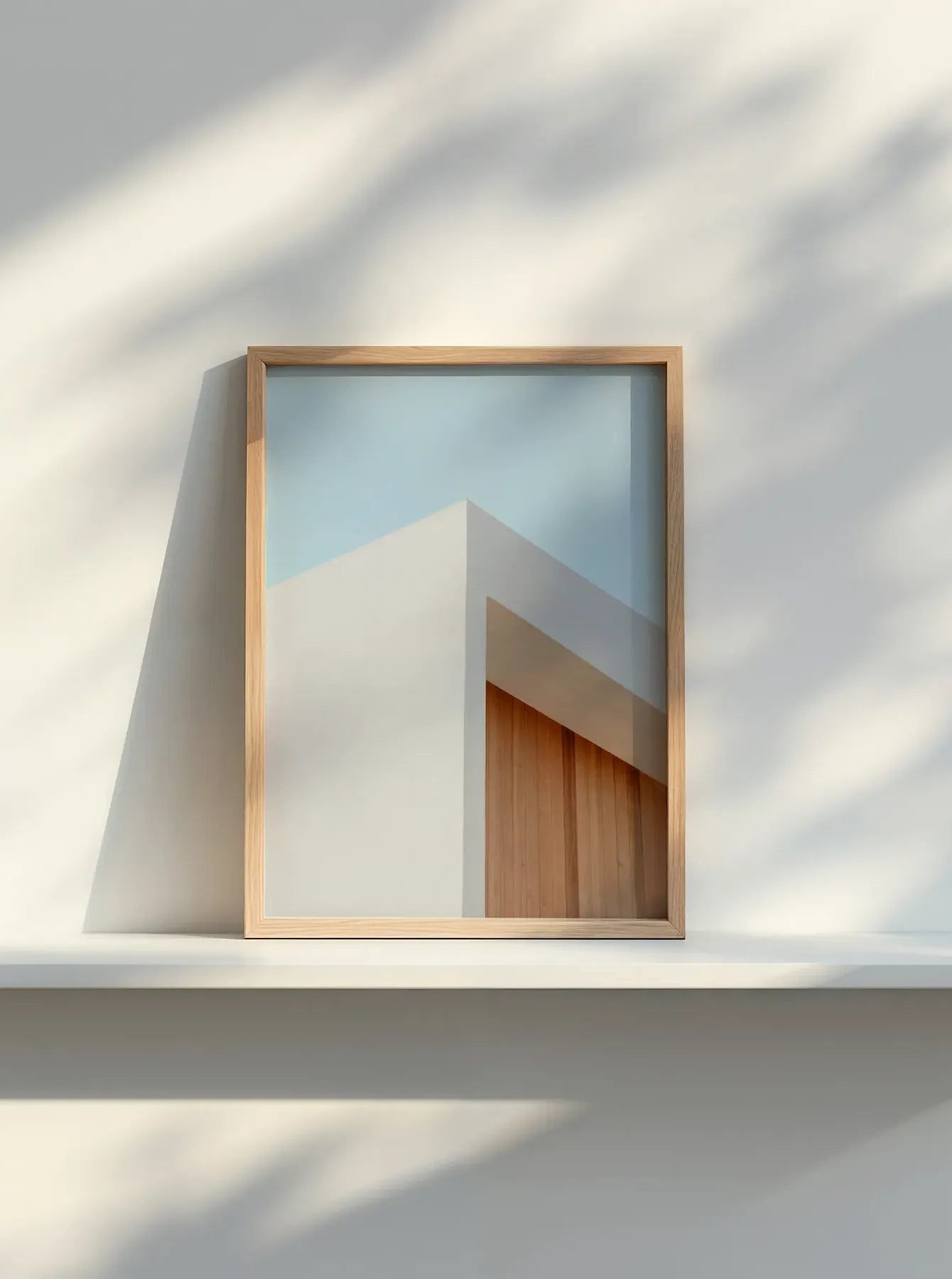 Framed fine art print “Architectural Harmony” by Monday Gallery minimalist architecture photograph with wood detail and soft light shadows.
