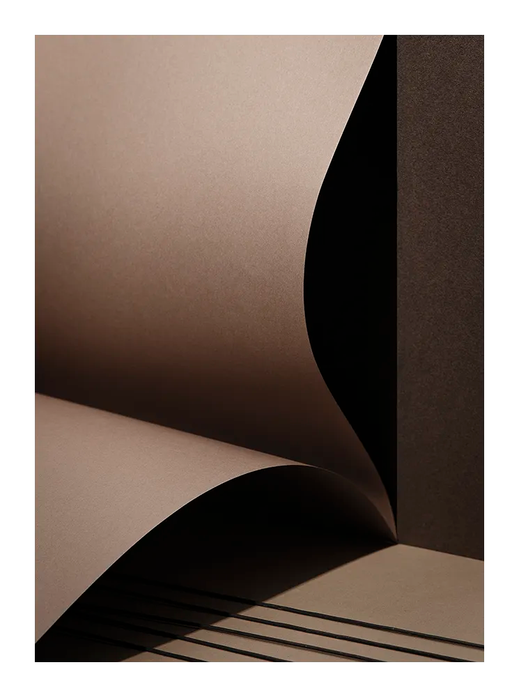 Fine art print “Beige Simplicity No.3” by Monday Gallery, abstract composition with curved paper forms in warm beige tones, exploring shadow and texture.