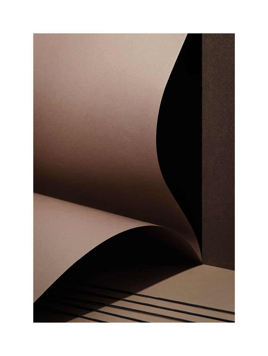 Fine art print “Beige Simplicity No.3” by Monday Gallery, abstract composition with curved paper forms in warm beige tones, exploring shadow and texture.