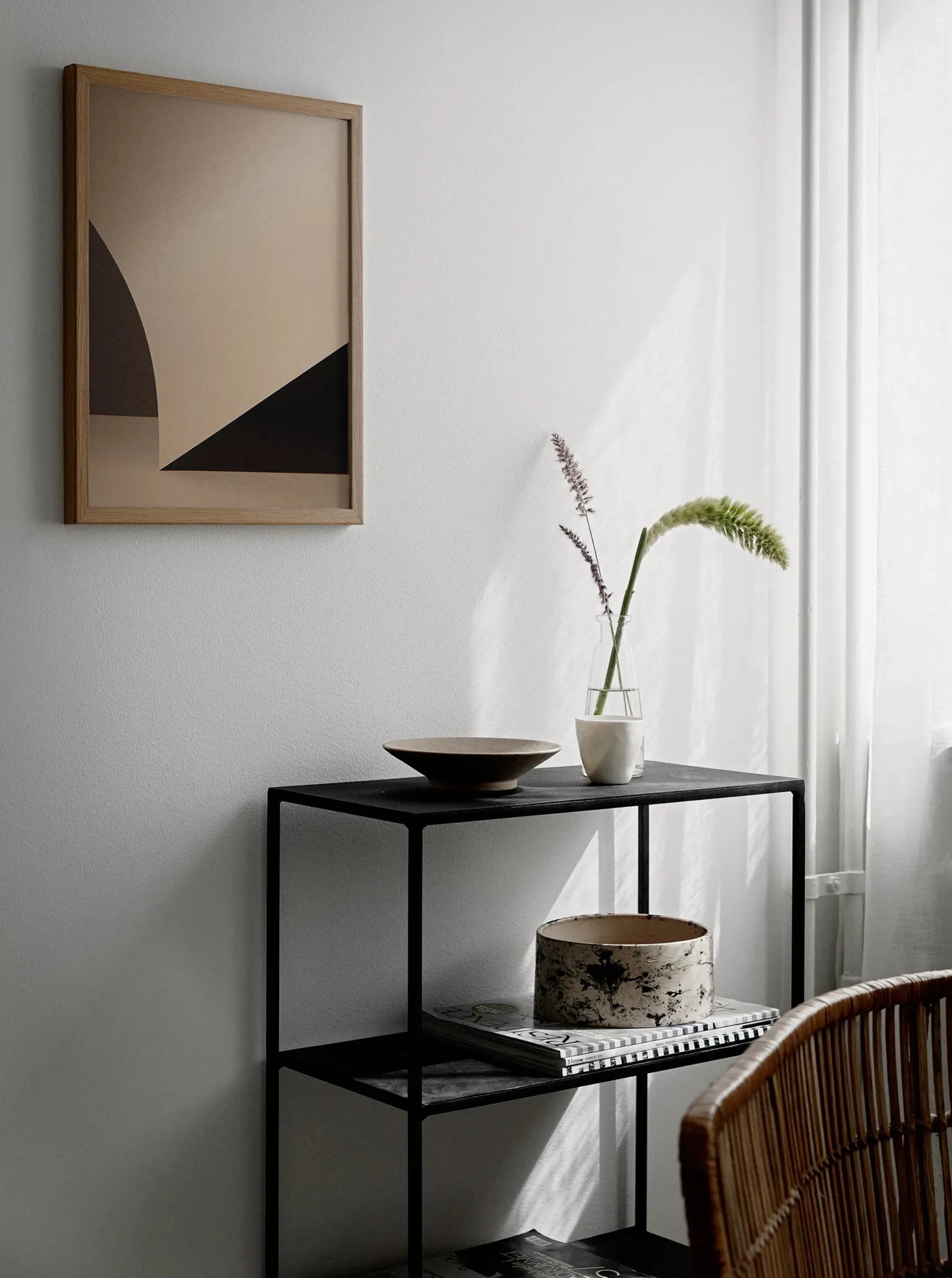 Framed fine art print Beige Simplicity No.4 displayed in a modern Scandinavian interior with soft natural light. Printed in Sweden, exclusive at Monday Gallery.