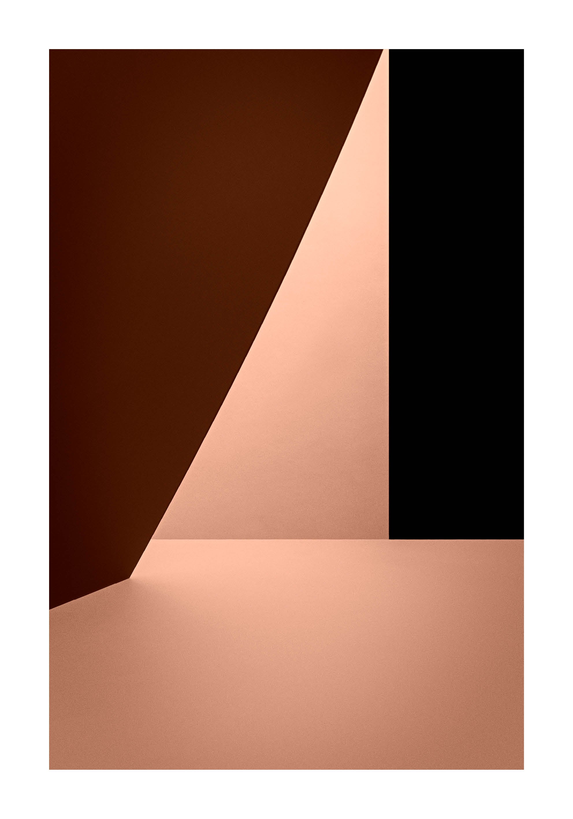 Minimalist fine art photograph in warm red and beige tones with geometric light and shadow composition. Printed in Sweden, exclusive at Monday Gallery.