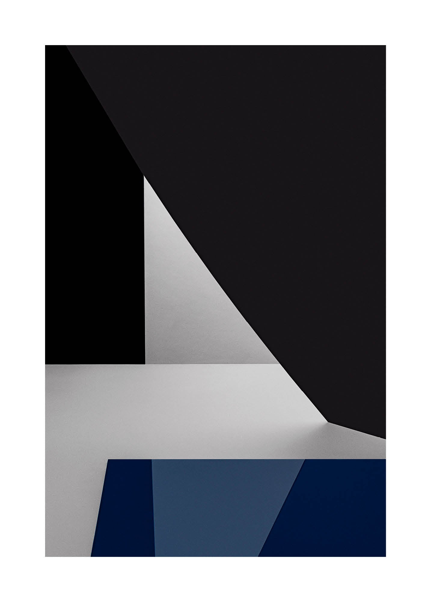 Minimalist fine art photograph in deep blue, white, and black geometric tones with architectural light and contrast. Printed in Sweden, exclusive at Monday Gallery.