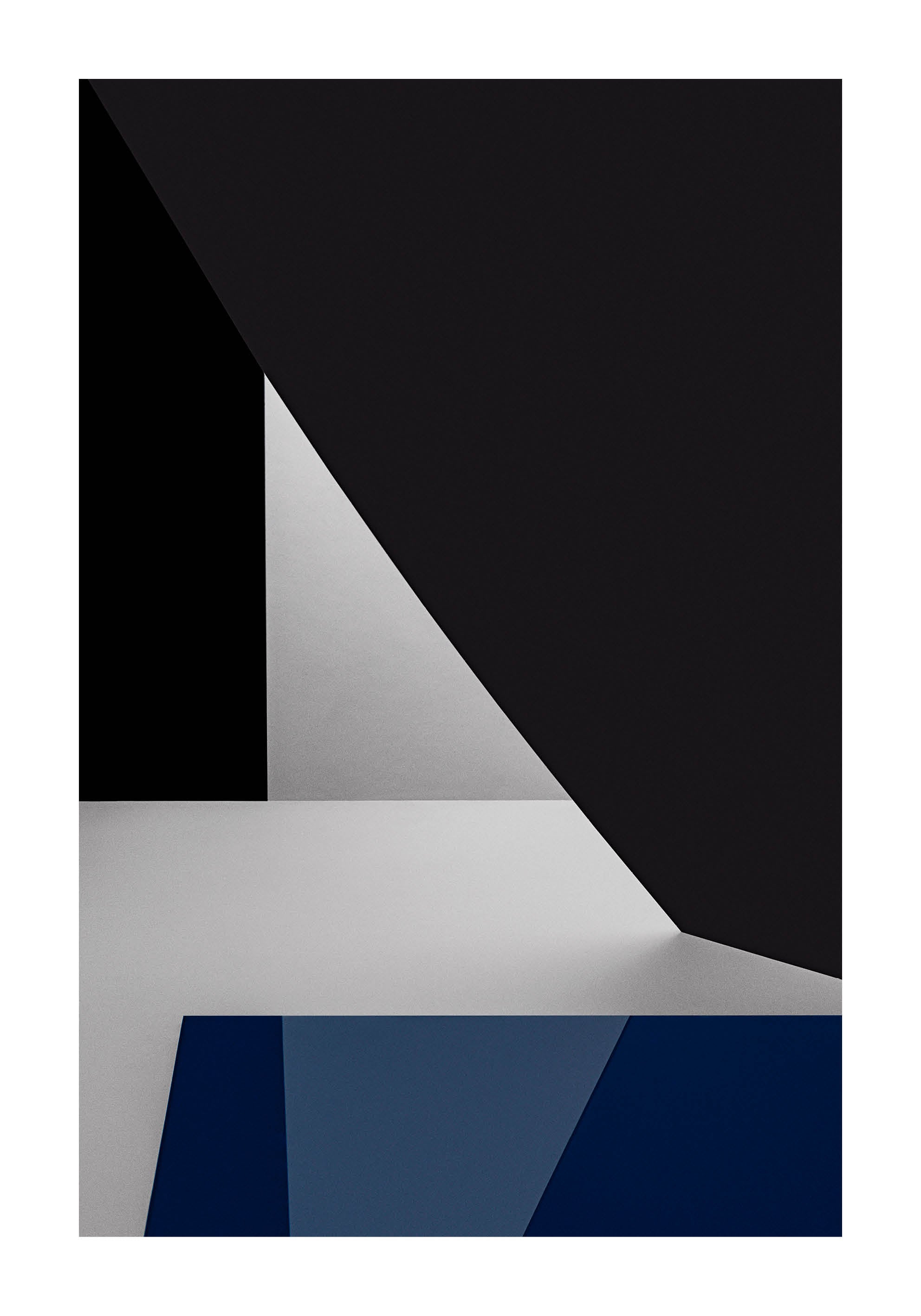Minimalist fine art photograph in deep blue, white, and black geometric tones with architectural light and contrast. Printed in Sweden, exclusive at Monday Gallery.
