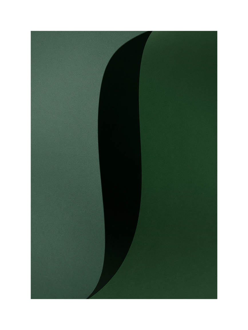 Abstrakt minimalistiskt fotografi i gröna toner med mjuka, flödande former och låg kontrast.