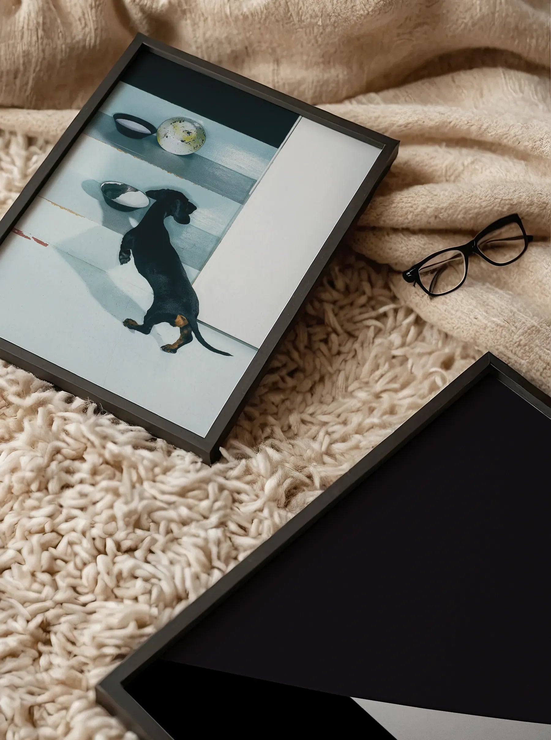 Minimal Trouble fine art print featuring a black dachshund, styled on a soft beige rug with glasses and neutral decor in a Scandinavian home setting