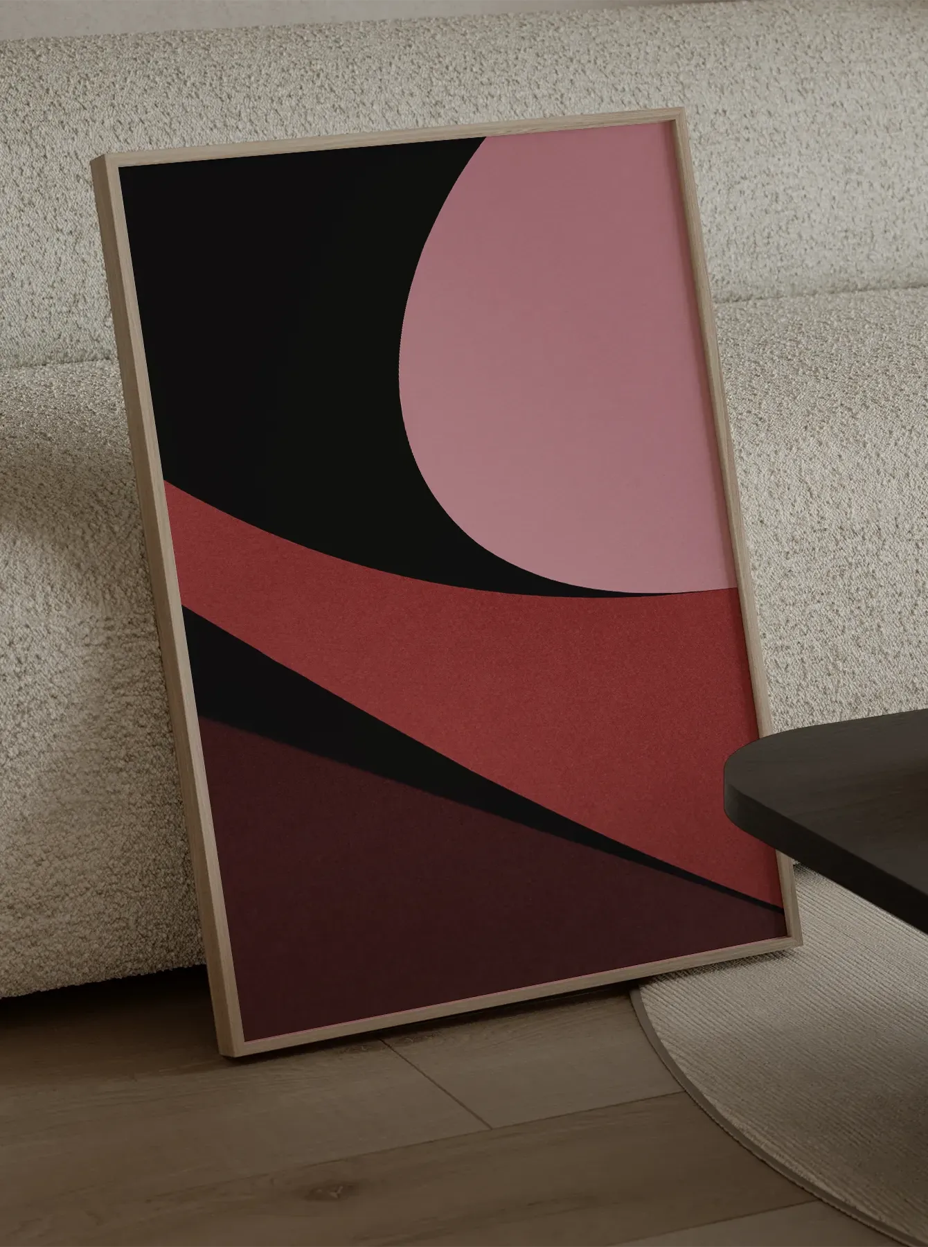 Modern Pink No.1 fine art print in natural wood frame, displayed in a minimalist Scandinavian interior with soft neutral tones, exclusive at Monday Gallery