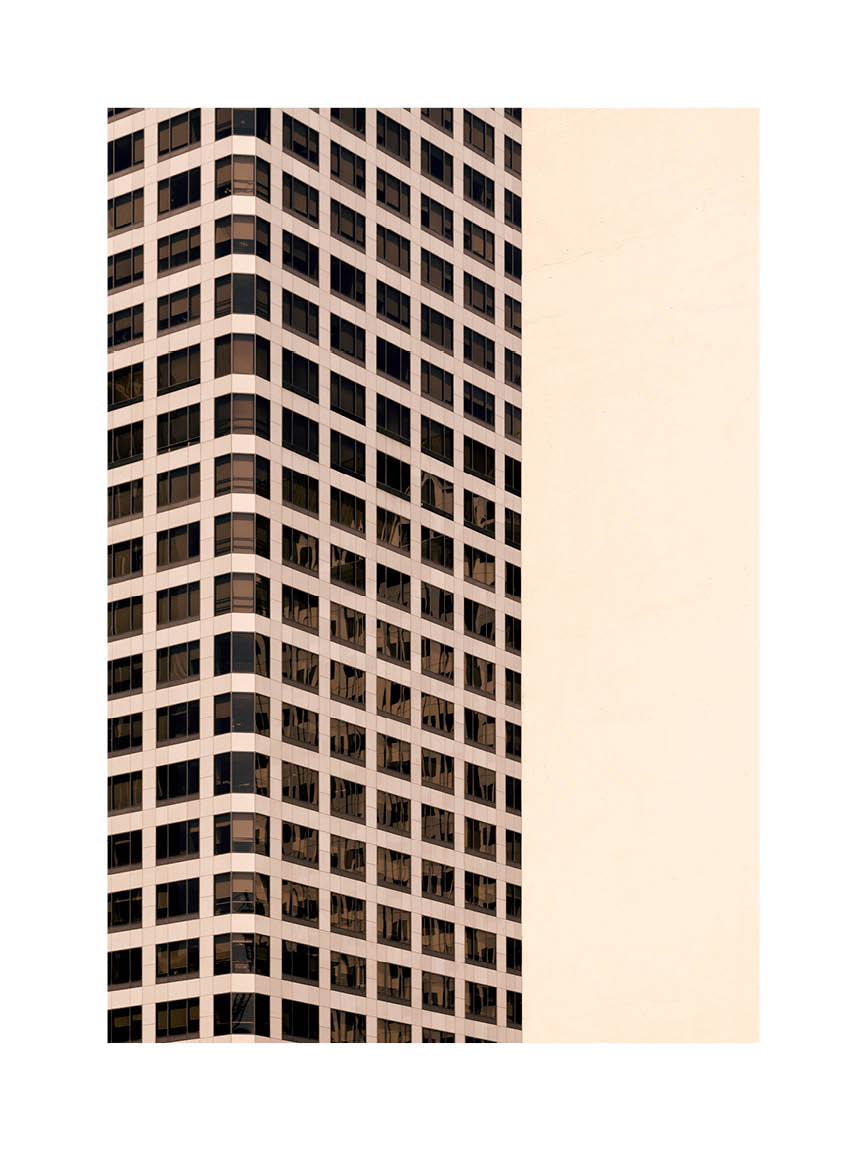 Minimalist fine art print of modern Los Angeles architecture with geometric grid patterns in neutral tones.