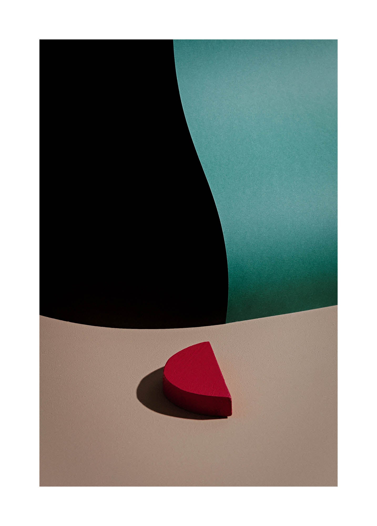 Abstract fine art print featuring vivid red and cyan forms with bold contrast and soft shadows on beige background. Minimalist Scandinavian photography exploring color balance and geometry. Printed in Sweden, exclusive at Monday Gallery.