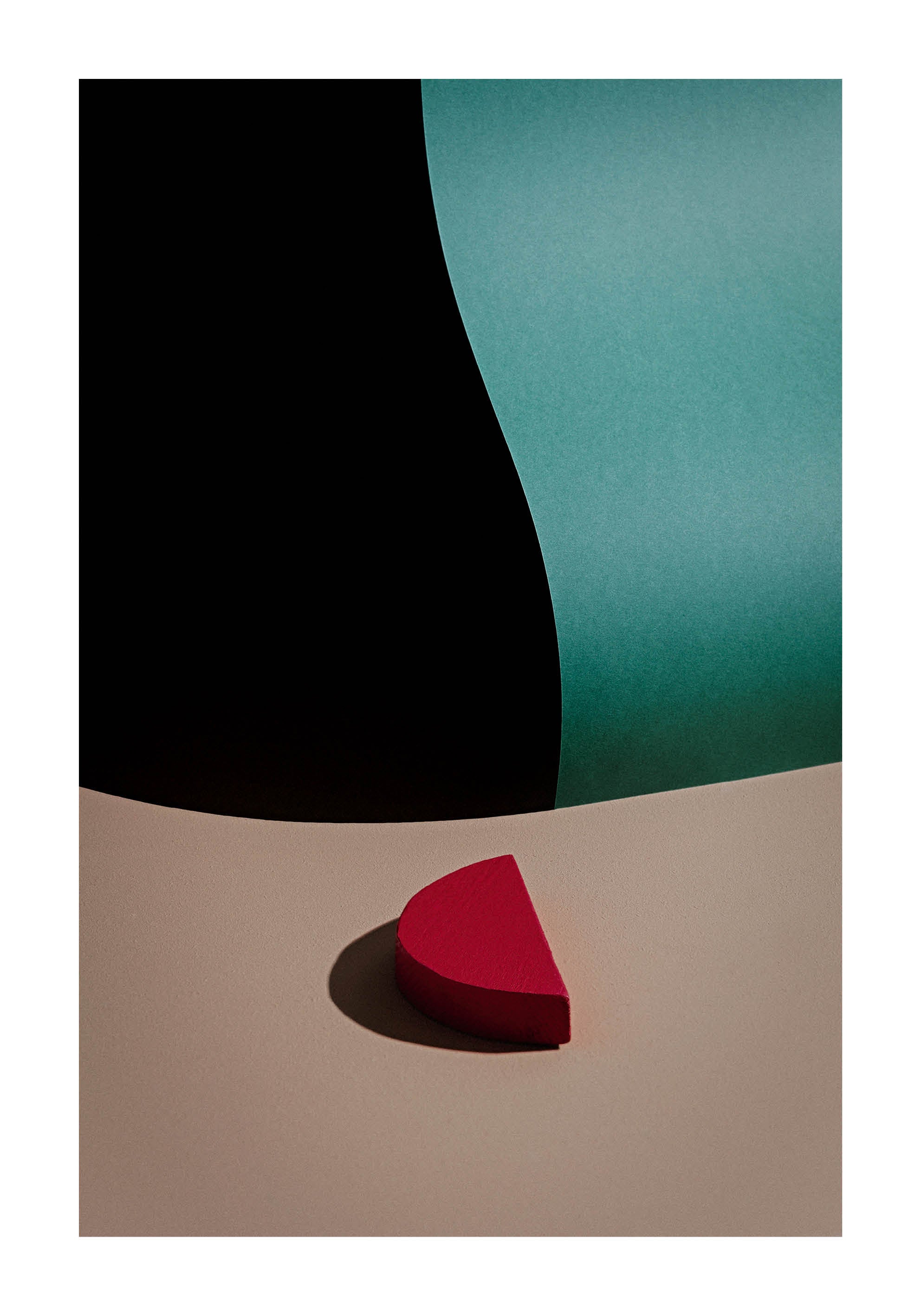 Abstract fine art print featuring vivid red and cyan forms with bold contrast and soft shadows on beige background. Minimalist Scandinavian photography exploring color balance and geometry. Printed in Sweden, exclusive at Monday Gallery.