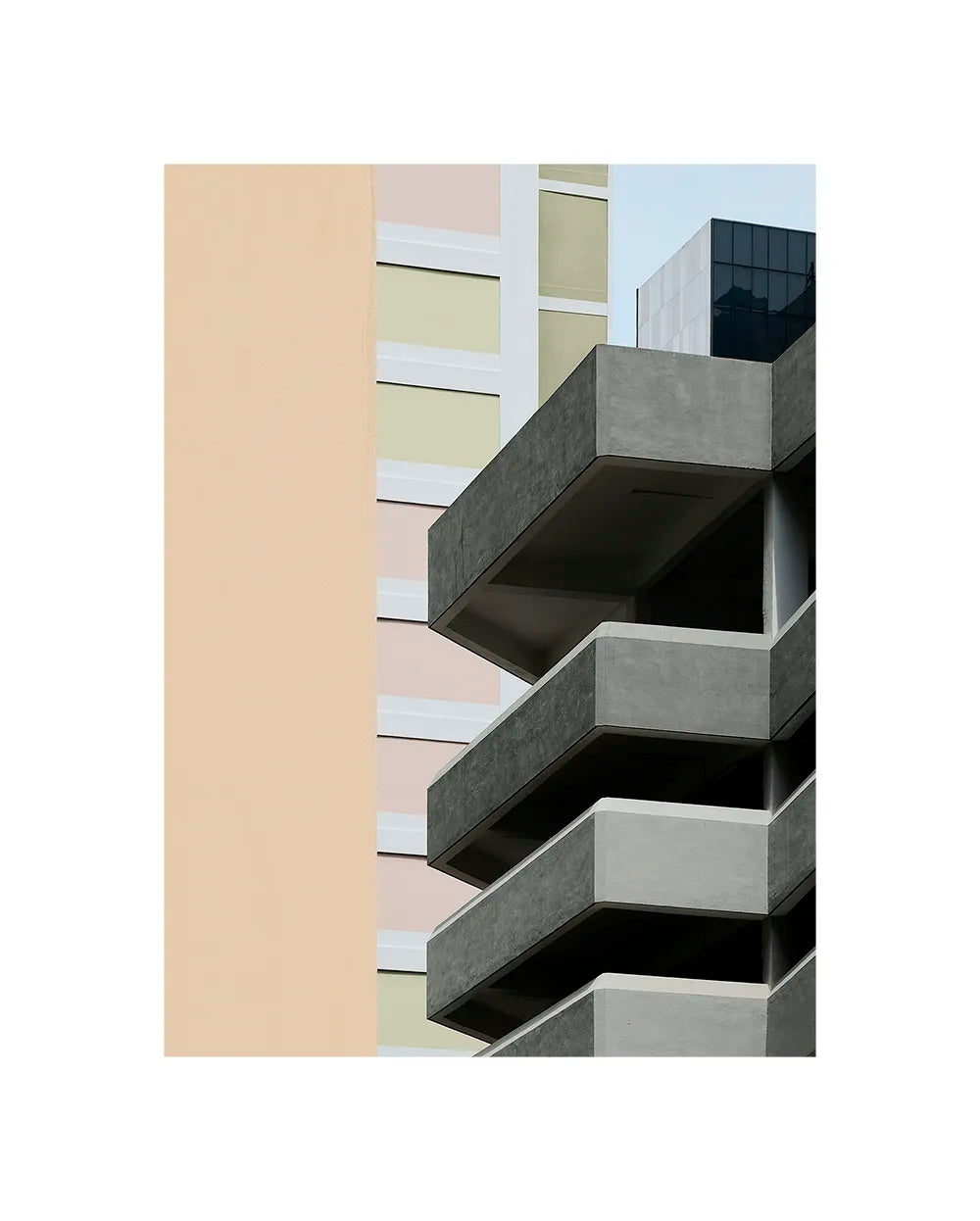 Minimalist architectural Limited Edition fine art print featuring geometric concrete balconies and pastel color planes.