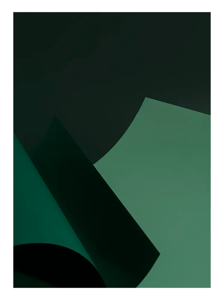 Abstrakt minimalistiskt fotografi med gröna former och mjuka linjer mot mörk bakgrund.