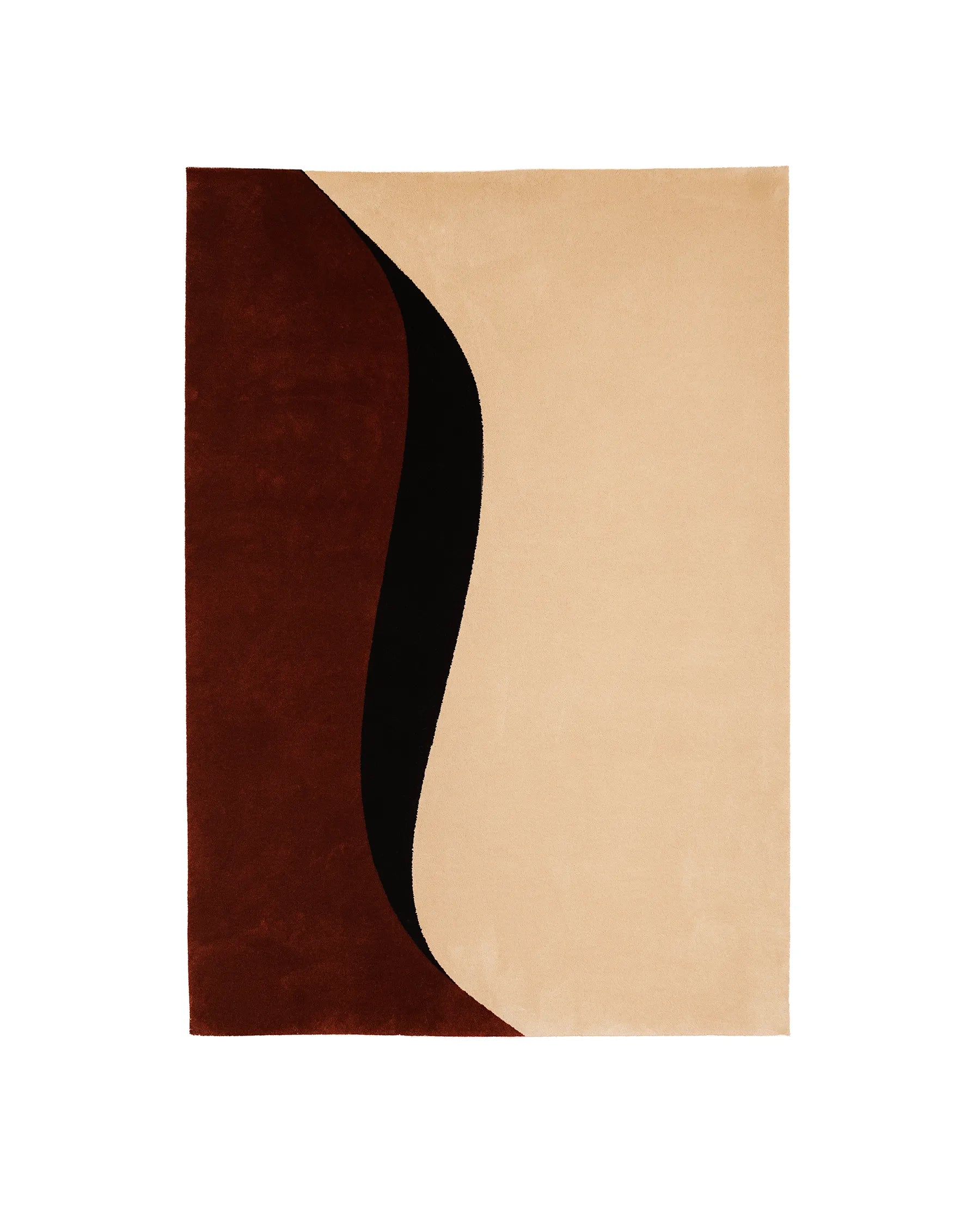 Tuftad ullmatta FLOW NO.1 med abstrakta, flödande former i beige och bruna toner.