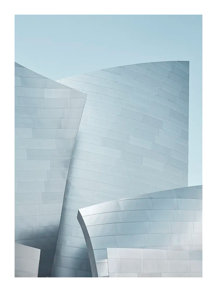 Minimalist architectural fine art print featuring smooth metal curves in soft blue tones.