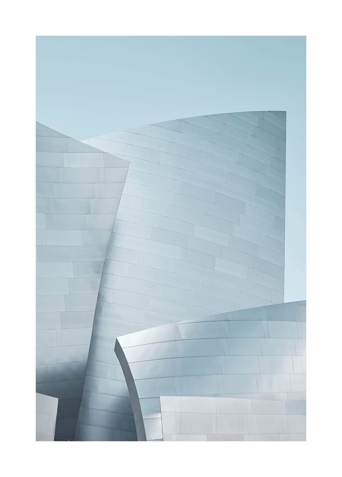 Minimalist architectural fine art print featuring smooth metal curves in soft blue tones.