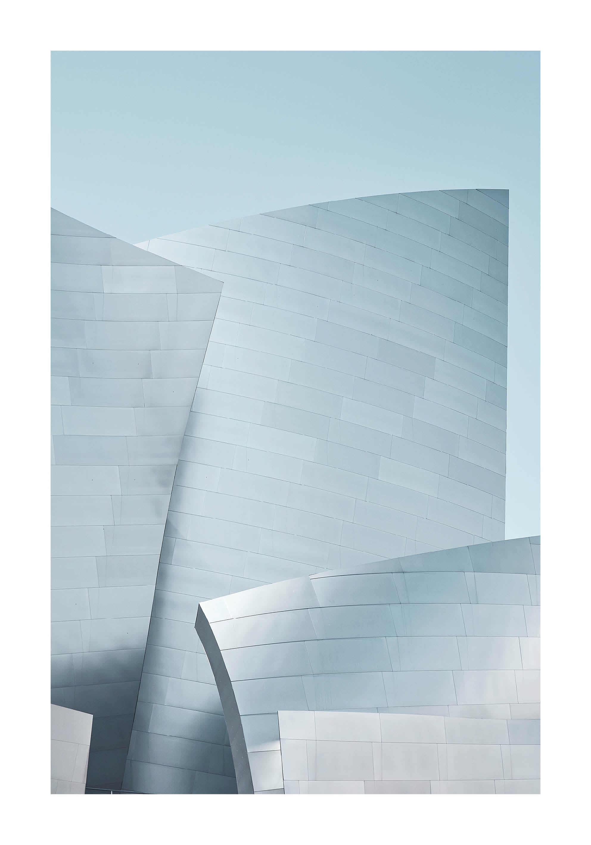 Minimalist architectural fine art print featuring smooth metal curves in soft blue tones.