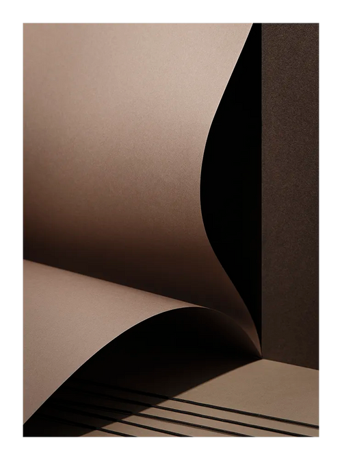 Fine art print “Beige Simplicity No.3” by Monday Gallery, abstract composition with curved paper forms in warm beige tones, exploring shadow and texture.