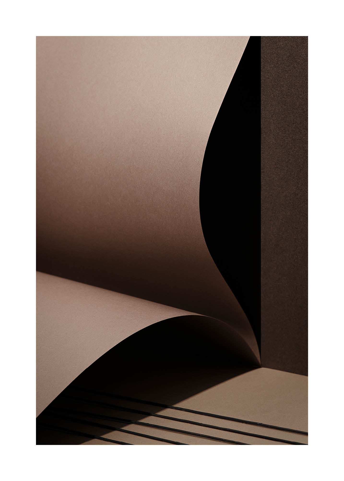 Fine art print “Beige Simplicity No.3” by Monday Gallery, abstract composition with curved paper forms in warm beige tones, exploring shadow and texture.