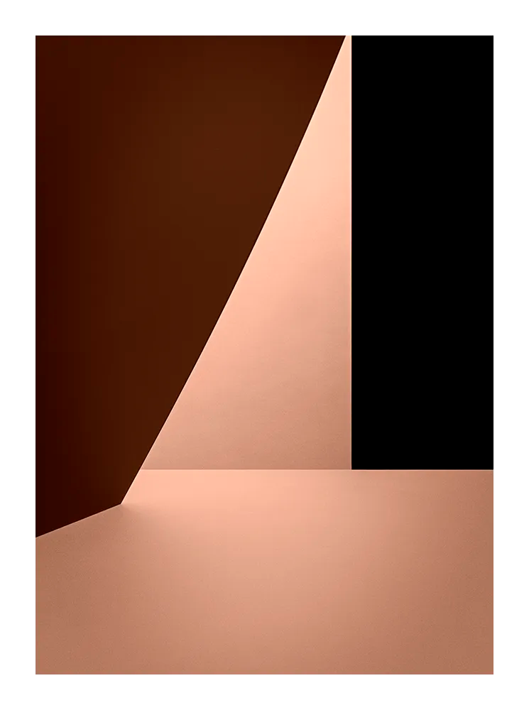 Minimalist fine art photograph in warm red and beige tones with geometric light and shadow composition. Printed in Sweden, exclusive at Monday Gallery.
