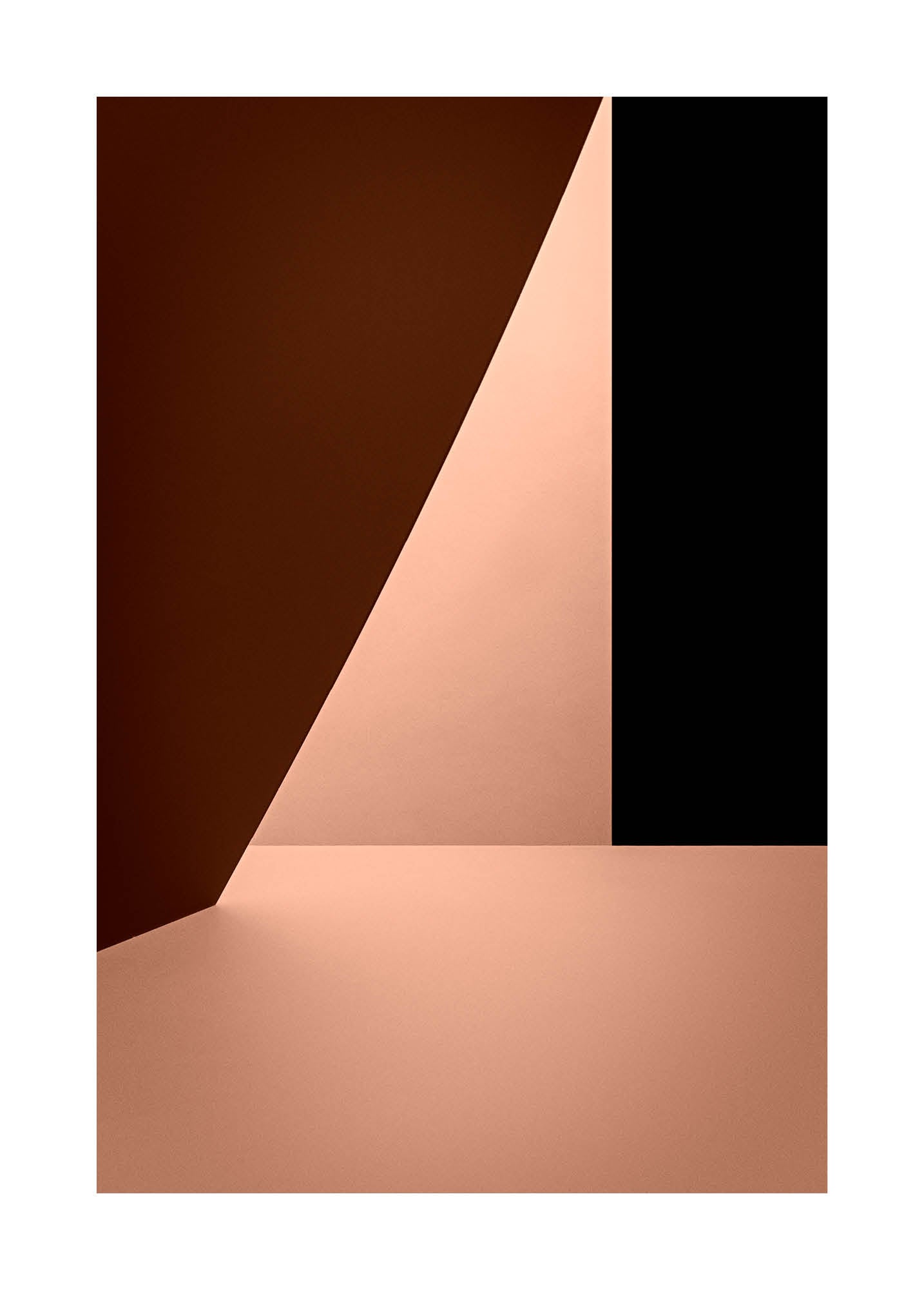 Minimalist fine art photograph in warm red and beige tones with geometric light and shadow composition. Printed in Sweden, exclusive at Monday Gallery.
