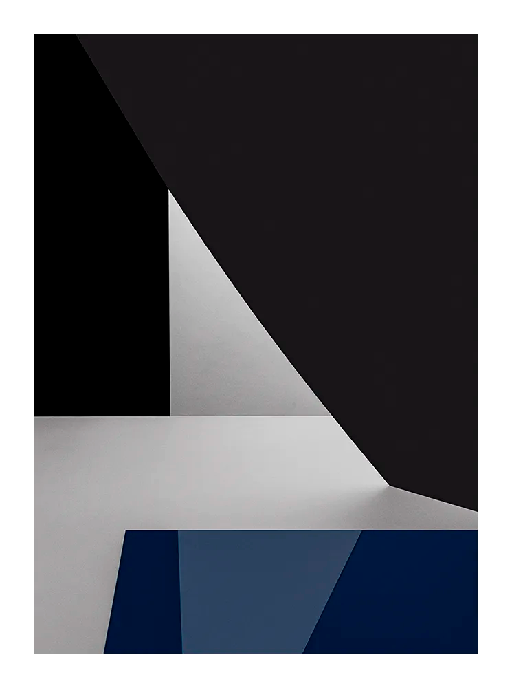Minimalist fine art photograph in deep blue, white, and black geometric tones with architectural light and contrast. Printed in Sweden, exclusive at Monday Gallery.
