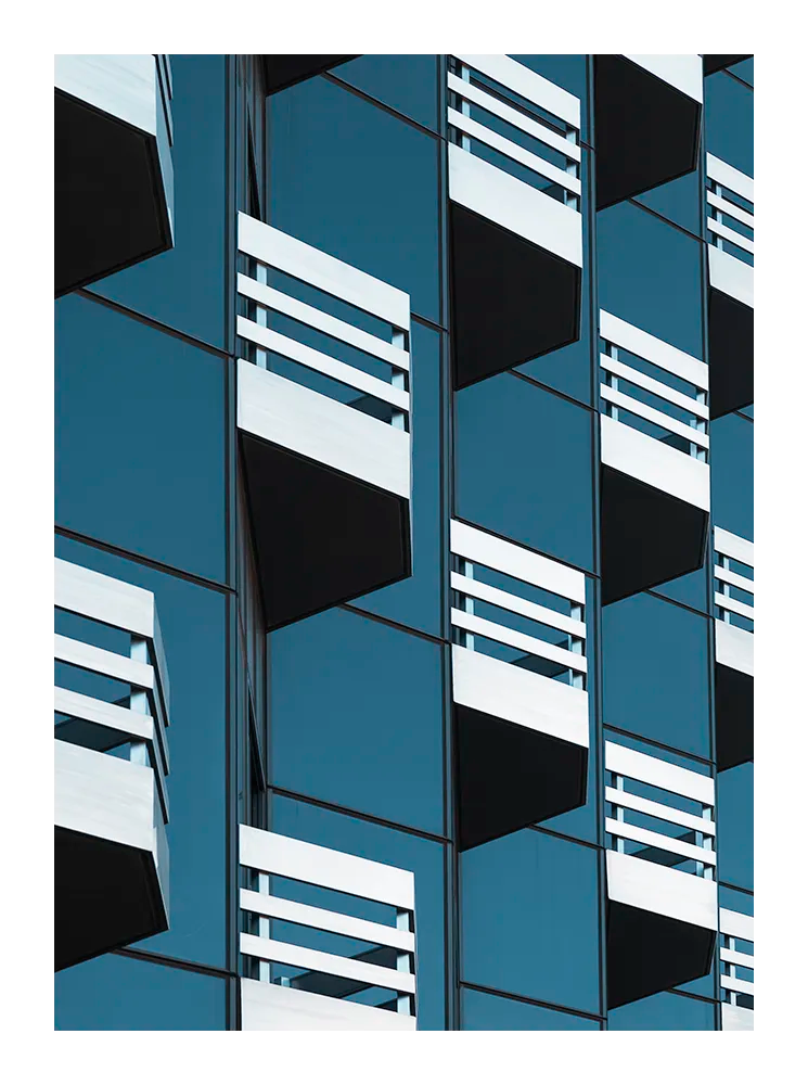  Abstract fine art photograph of modern architecture with repeating balconies and geometric lines in blue and white. Printed in Sweden, exclusive at Monday Gallery.
