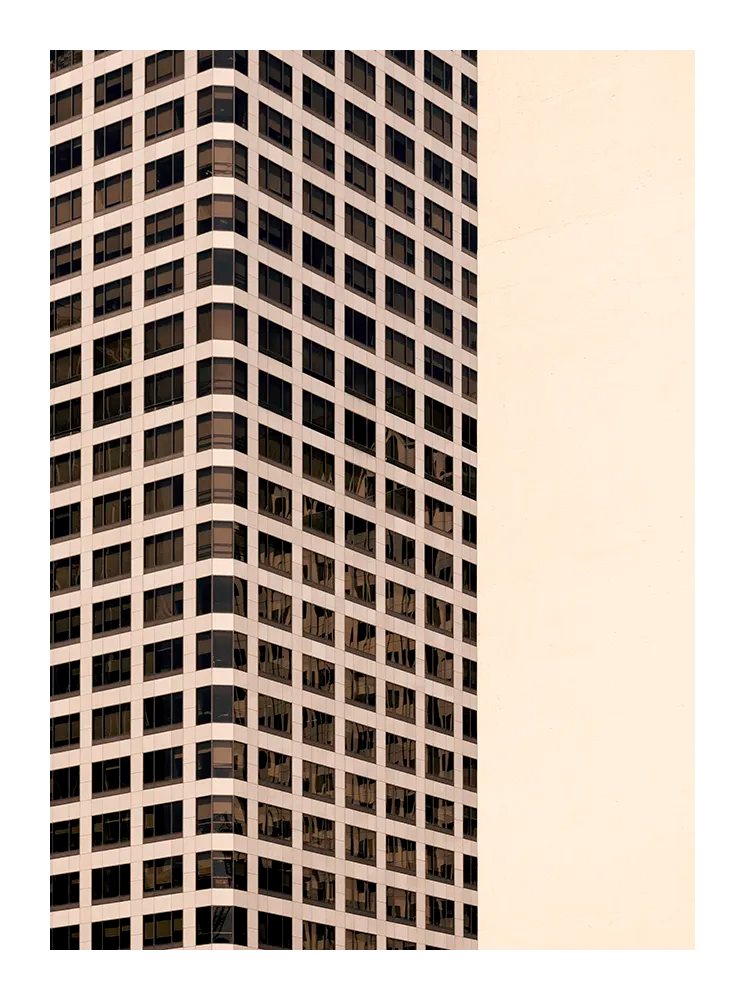 Minimalist fine art print of modern Los Angeles architecture with geometric grid patterns in neutral tones.