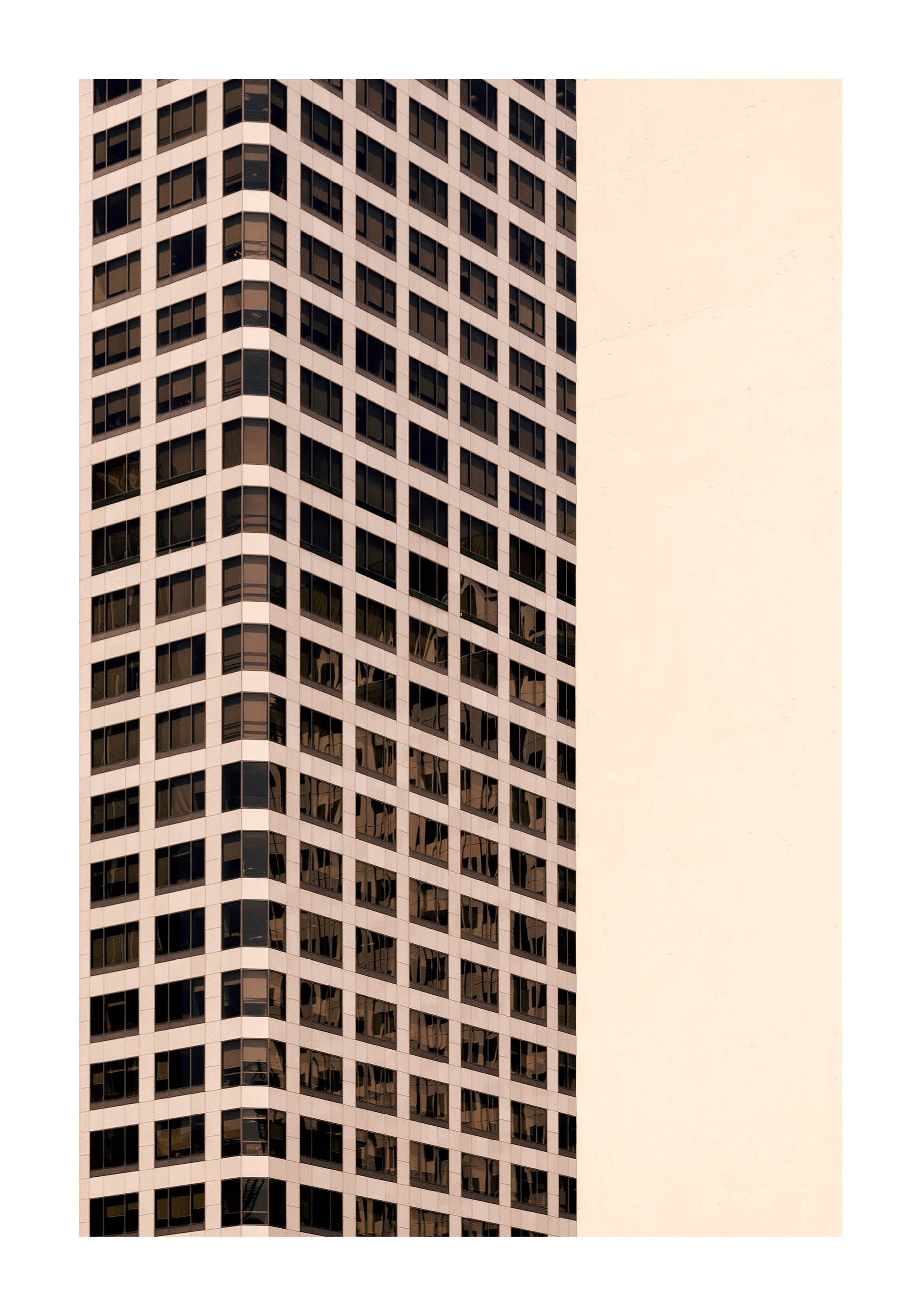 Minimalist fine art print of modern Los Angeles architecture with geometric grid patterns in neutral tones.