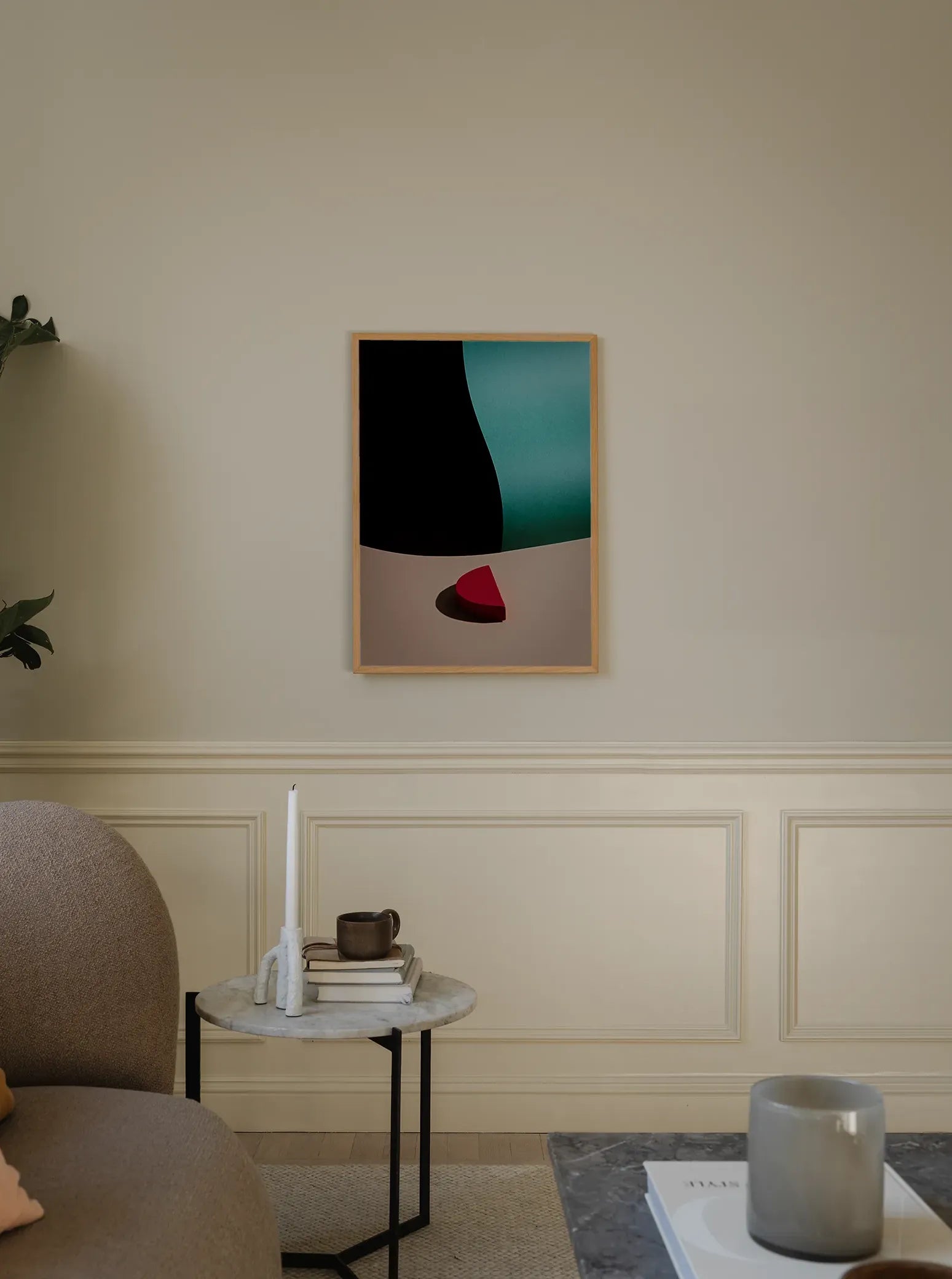 Framed abstract fine art print “Red My Mind” in a minimalist living room with beige walls and soft natural light. Scandinavian interior styling featuring fine art photography from Monday Gallery.