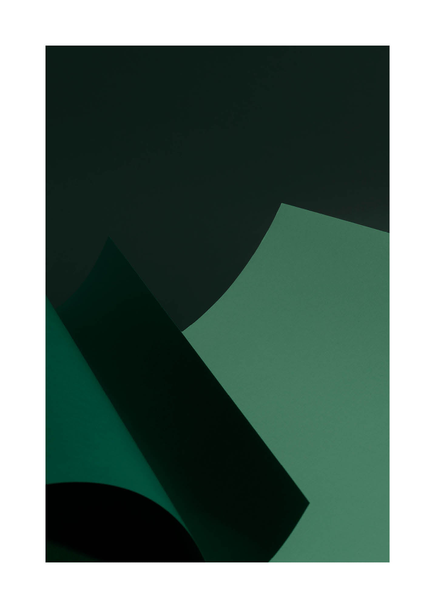 Abstrakt minimalistiskt fotografi med gröna former och mjuka linjer mot mörk bakgrund.